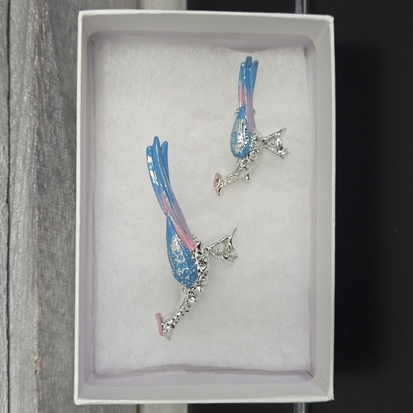 Vintage Silver-Toned Pink and Blue Enamel Pheasant Bird Brooch Set of 2 - Picture 6 of 6